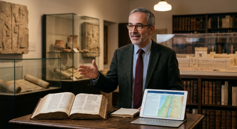 Professor Rodrigo Silva explicando a Bíblia com contexto arqueológico e histórico em seu curso 'A Bíblia Comentada'.