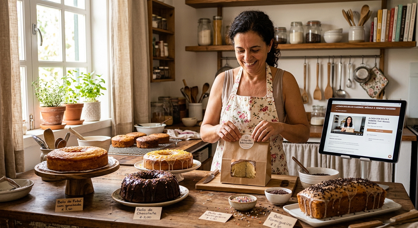 Mulher sorridente em cozinha doméstica cheia de bolos caseiros variados, com um tablet sutilmente exibindo um curso online, simbolizando empreendedorismo e lucro.