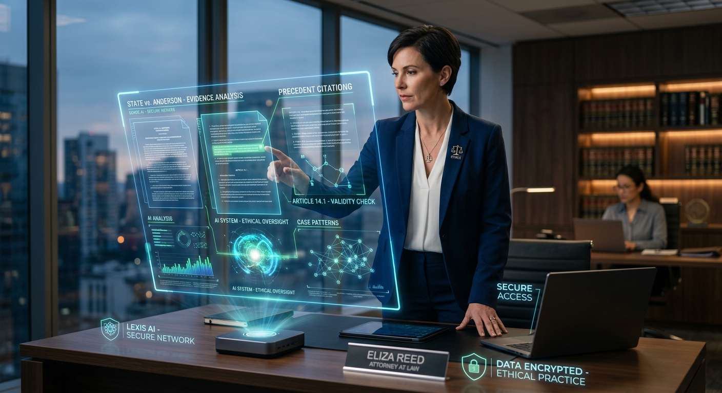 Advogado ou juiz interagindo com uma interface holográfica de inteligência artificial em um ambiente jurídico moderno, simbolizando a fusão de tecnologia e direito.