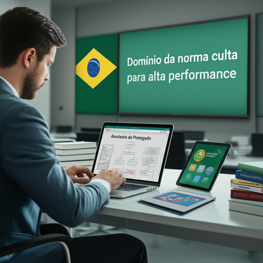 Profissional estudando gramática avançada de português em ambiente de academia moderna, com livros, laptop e gráficos de marketing ao fundo.
