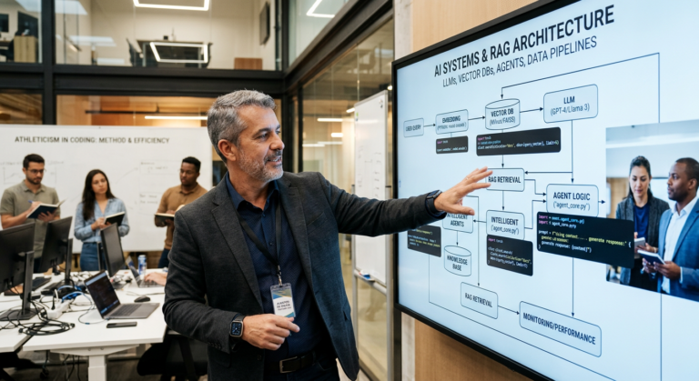 Alberto Luiz Oliveira Tavares de Souza explicando arquitetura de sistemas de IA eficientes com LLMs e RAG.