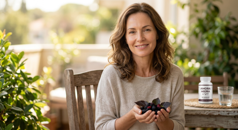 Mulher serena e feliz segurando Amora Miúra, simbolizando alívio natural de fogachos e insônia da menopausa com Amora Miúra + Vit.