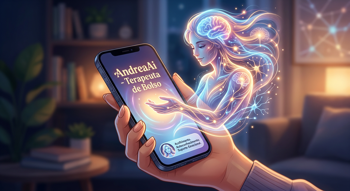Digital illustration of a human hand holding a smartphone, from which an ethereal, glowing AI entity emerges, stylized as a compassionate, subtle human-like form with neural patterns, symbolizing AndreaAi - o Terapeuta de Bolso.