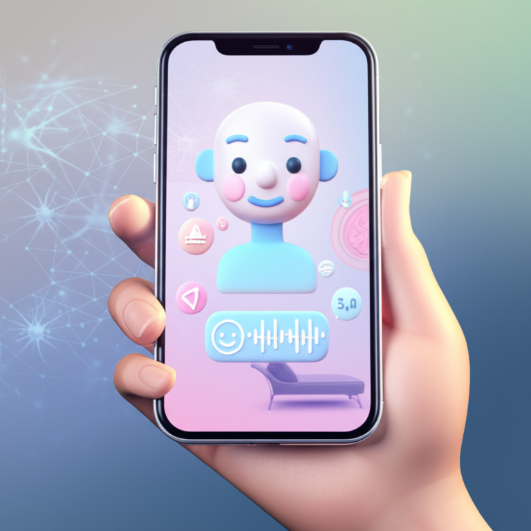 Ilustração da AndreIA, a terapeuta de bolso IA, exibindo um avatar amigável em um smartphone com símbolos de neurociência e psicanálise ao fundo.