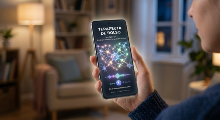 Imagem de um smartphone com uma interface de IA brilhante e abstrata, simbolizando a AndreIA - Terapeuta de Bolso, oferecendo suporte emocional e autoconhecimento digital 24/7.