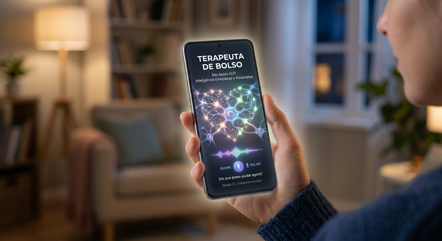 Imagem de um smartphone com uma interface de IA brilhante e abstrata, simbolizando a AndreIA - Terapeuta de Bolso, oferecendo suporte emocional e autoconhecimento digital 24/7.