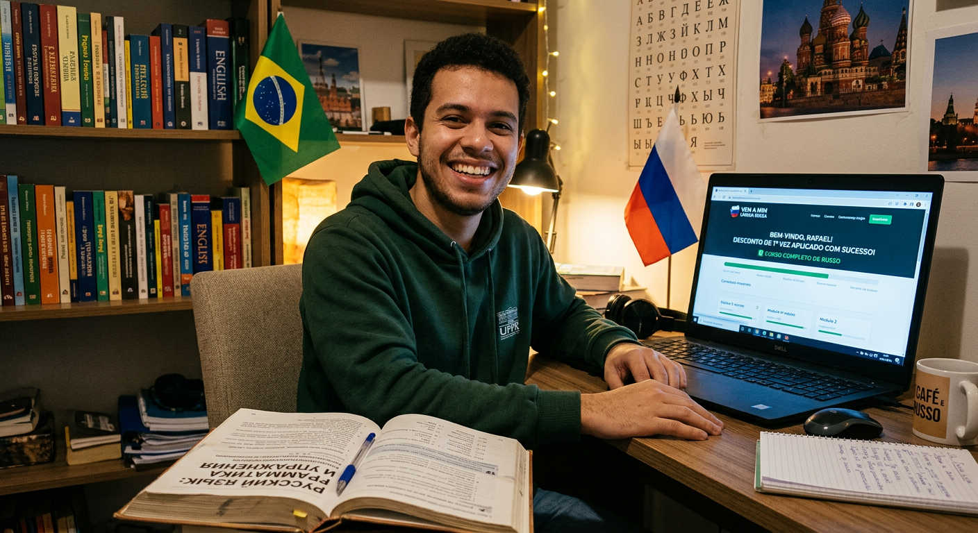 Estudante de russo feliz com o desconto