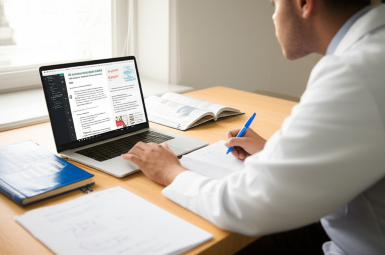 Estudante de medicina escrevendo uma redação com recursos de tecnologia