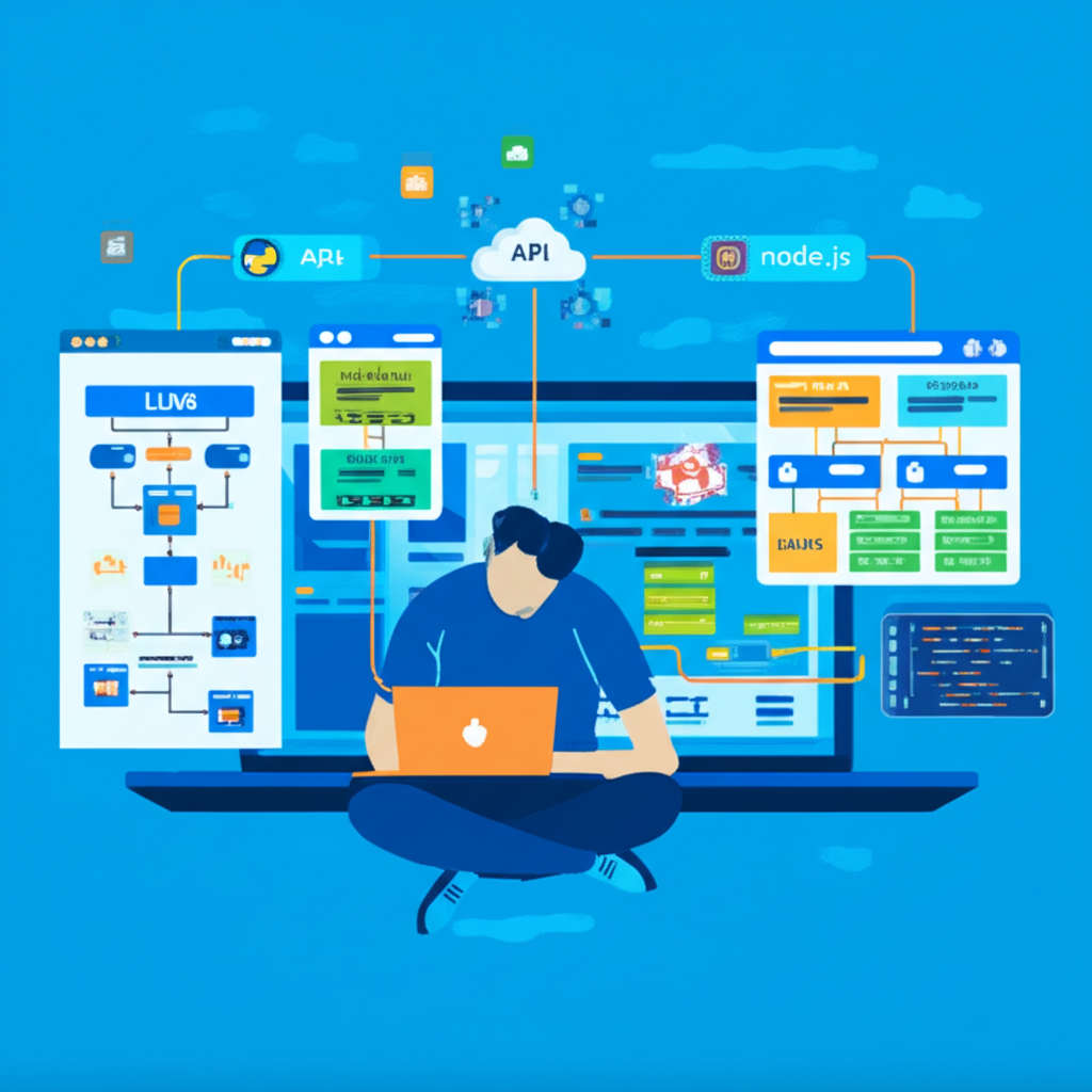Desenvolvedor trabalhando em laptop com diagramas de arquitetura de IA generativa (LLM, RAG, bancos vetoriais e agentes) ao fundo.
