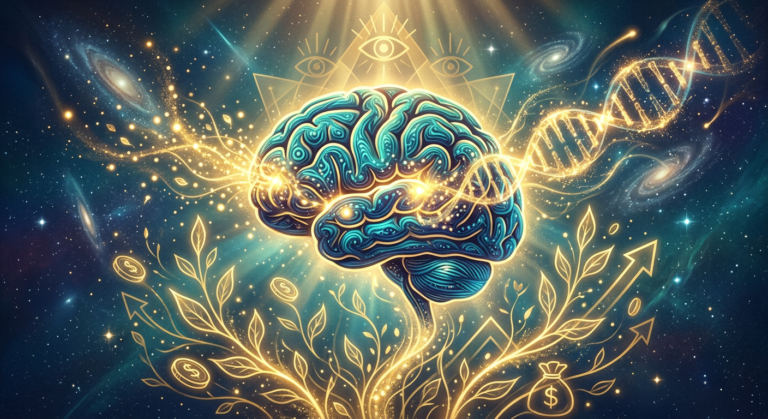 Cérebro humano estilizado emitindo luz dourada e símbolos de prosperidade, representando a ativação mental para a abundância e o potencial humano.