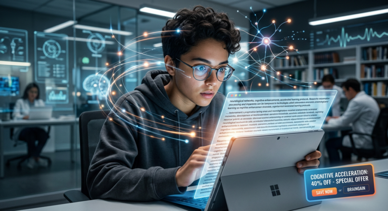 Pessoa focada lendo rapidamente em tablet com cupom de desconto Metaleitura do Renato Alves para leitura dinâmica e memorização