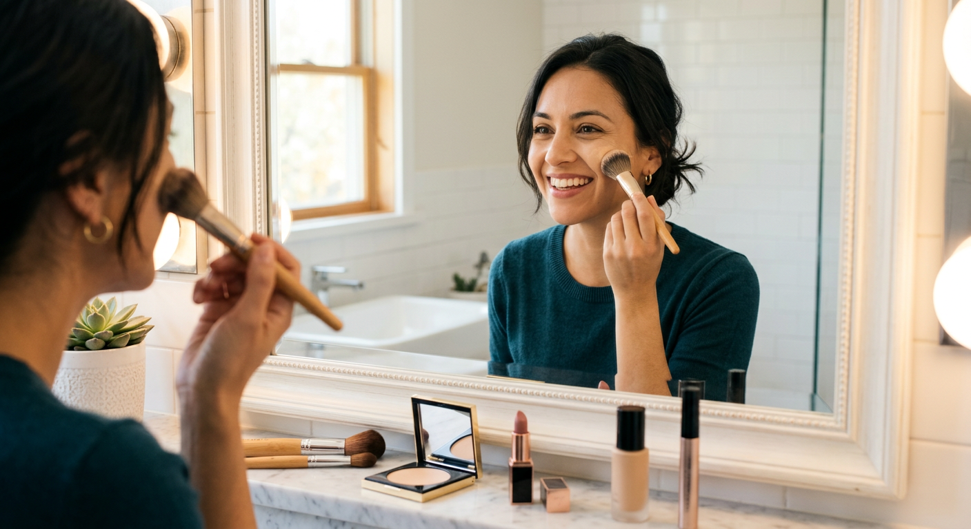 Mulher aplicando maquiagem em si mesma no espelho com confiança, representando o curso Auto Make da Lu Rech.
