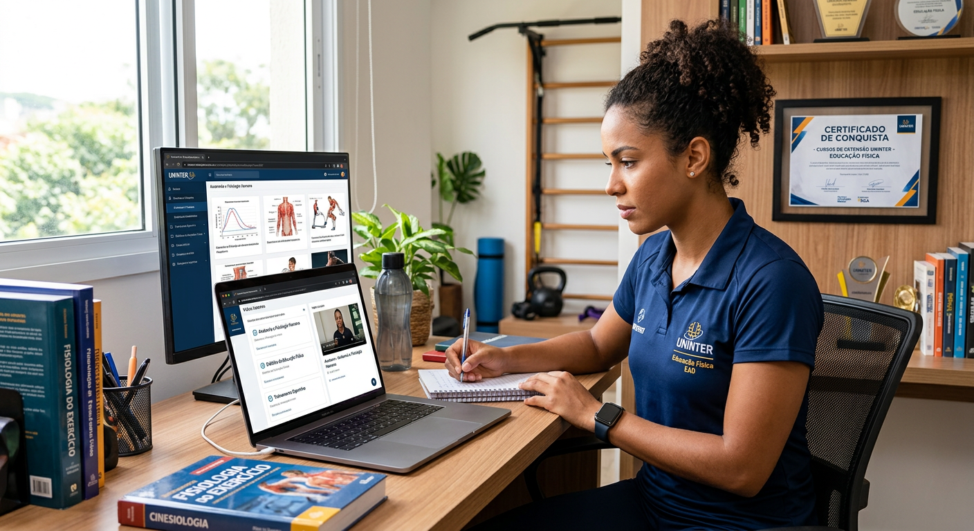 Estudante focado em Bacharelado de Educação Física EAD do Instituto Óliver, com laptop, material de estudo e elementos de fitness e carreira policial.