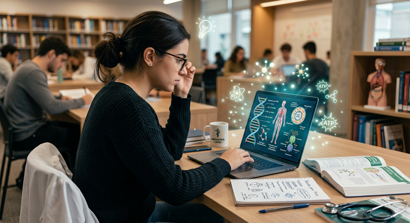 Estudante concentrado(a) em biologia avançada para medicina, usando laptop que exibe diagramas de DNA e células, simbolizando o curso BIOATP e alta performance.