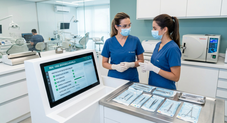 Dentista e assistente em clínica moderna, usando tablet para checklist de biossegurança RDC 1002, com instrumentos esterilizados e foco em tecnologia.