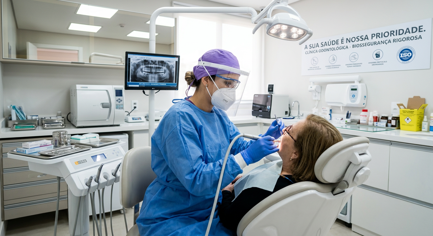 Dentista utilizando equipamentos de proteção individual em uma clínica odontológica