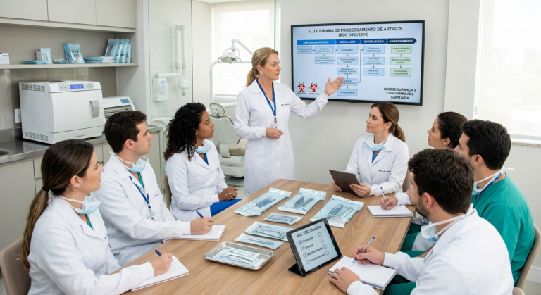 Dentistas e equipe odontológica em workshop de biossegurança, aprendendo sobre RDC 1002 e esterilização com instrutora e materiais organizados.