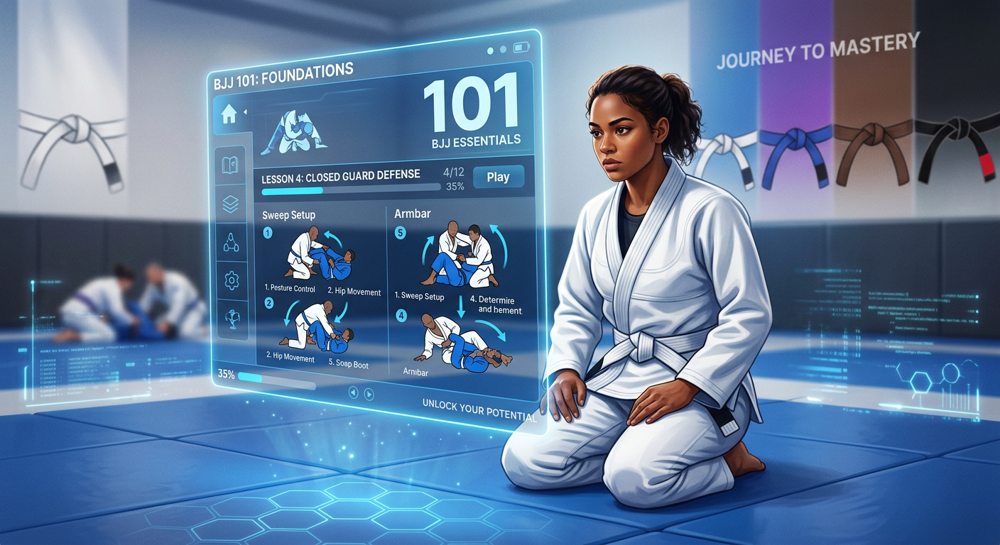 Imagem de um praticante de Jiu-Jitsu (BJJ) em um kimono branco, concentrado, visualizando aulas estruturadas e numeradas (com '101' em destaque) em um tablet digital. Ao fundo, uma transição de faixas de BJJ do branco ao preto simboliza a evolução, e elementos de interface de usuário modernos indicam o progresso do curso. A cena representa o aprendizado online de Jiu-Jitsu de forma organizada e prática.
