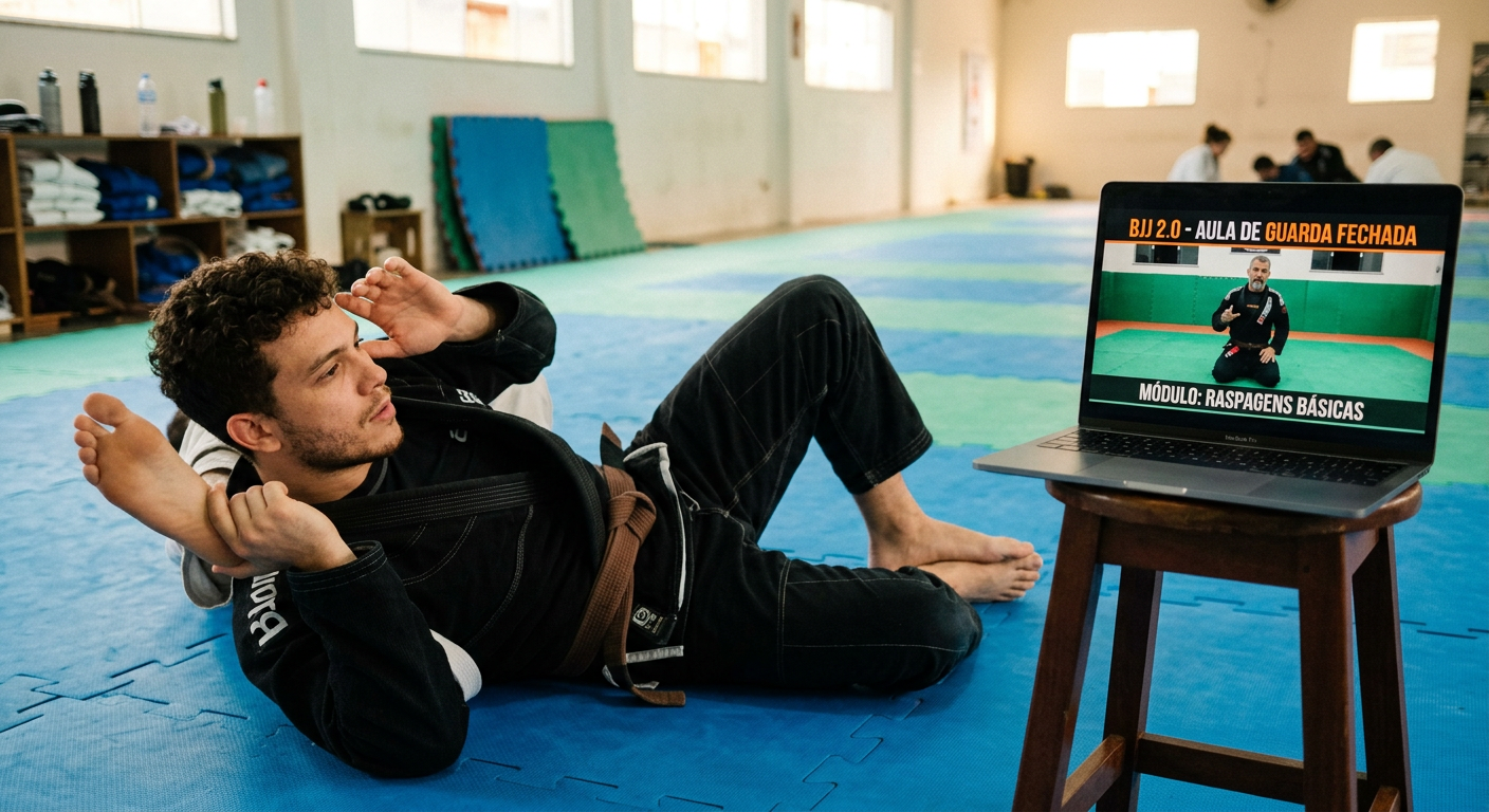 Praticante de Jiu-Jitsu em uma posição de guarda com uma aula do BJJ 2.0 ao fundo