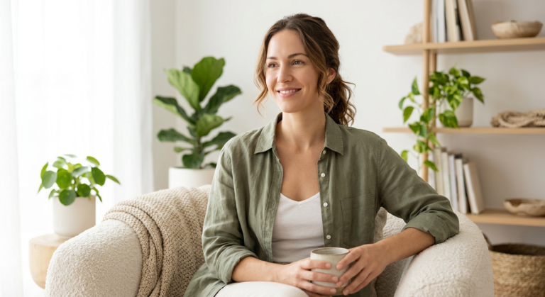 Mulher sorridente e relaxada, simbolizando o bem-estar e a liberdade de desconfortos íntimos após usar Cand Caps para candidíase recorrente.