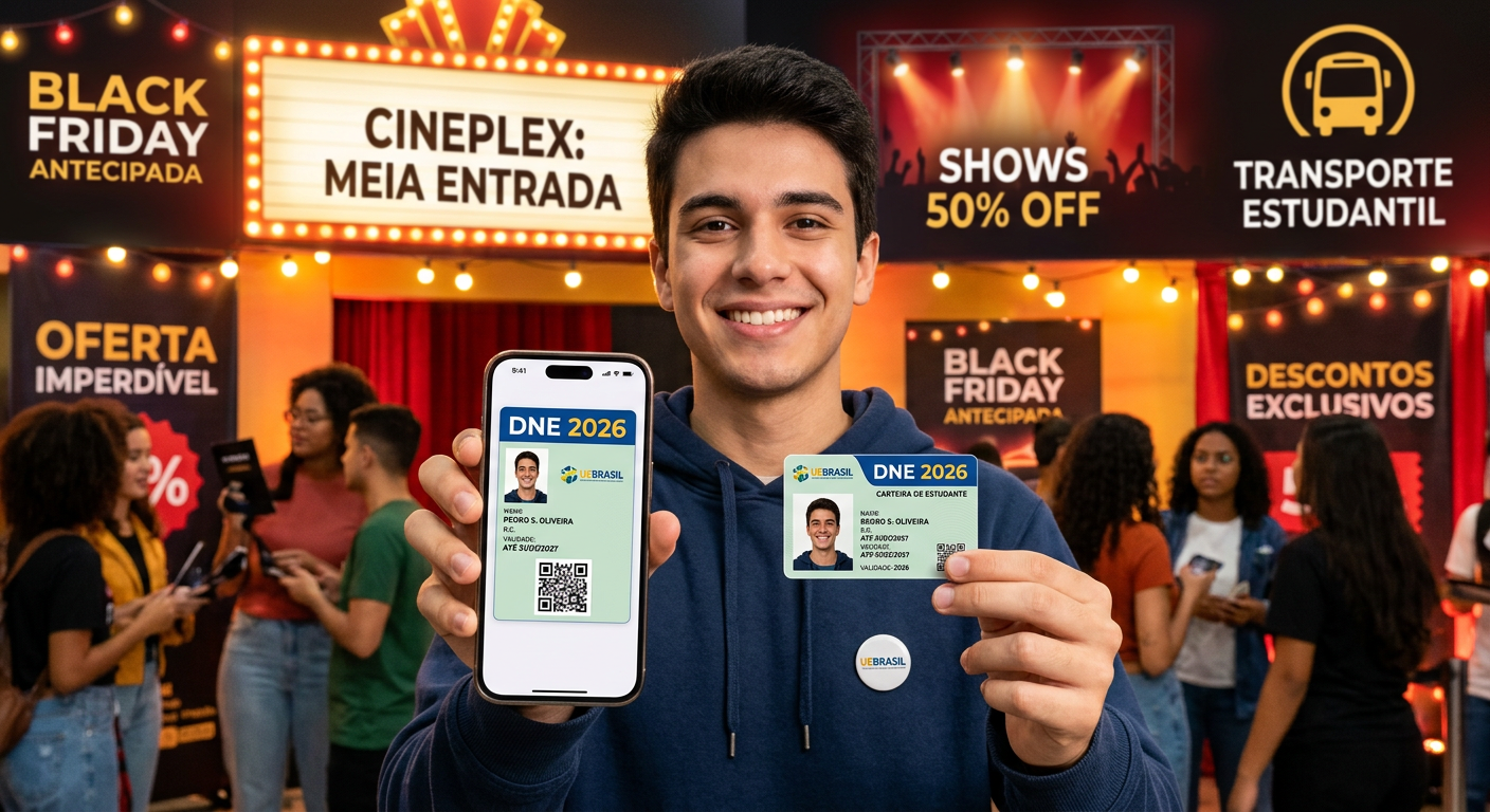 Carteira de Estudante DNE 2026 oficial, digital e física, com símbolos de desconto e elementos de Black Friday antecipada.