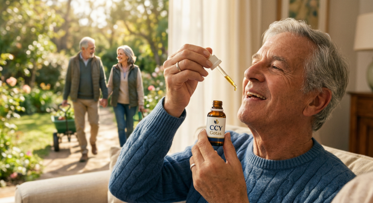 Frasco de CCY Gotas sendo aplicado sublingualmente por uma pessoa idosa, simbolizando alívio rápido de dores articulares, artrite e melhora da mobilidade.