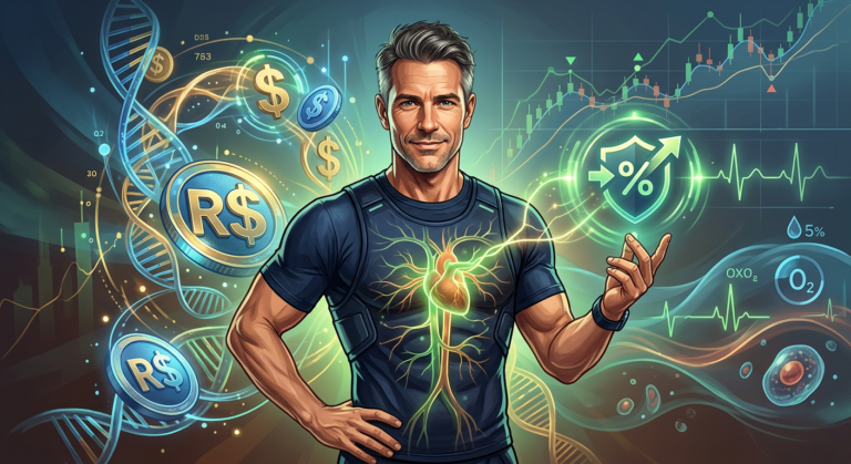 Homem vibrante e focado com símbolos de dólar e real, ilustrando o investimento em saúde e o retorno financeiro do Clube da Testo.