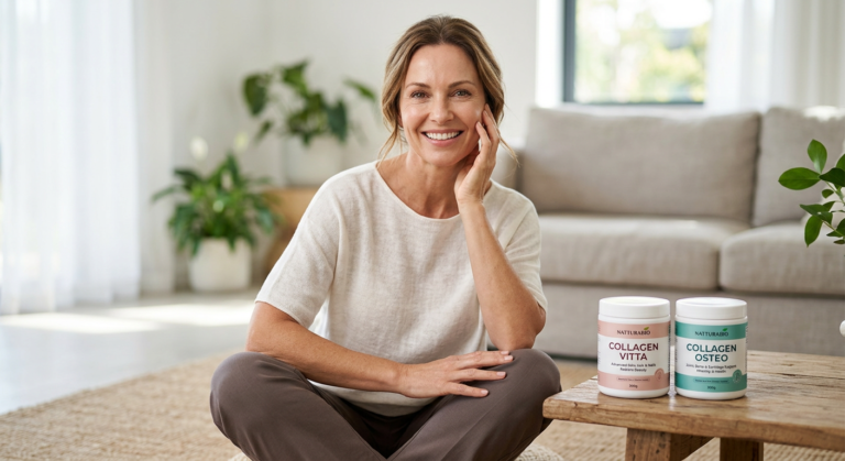 Mulher madura e radiante com pele rejuvenescida e postura flexível, sorrindo, com os frascos de Collagen Vitta e Collagen Osteo da Natturabio em destaque. Imagem simboliza beleza e saúde articular.