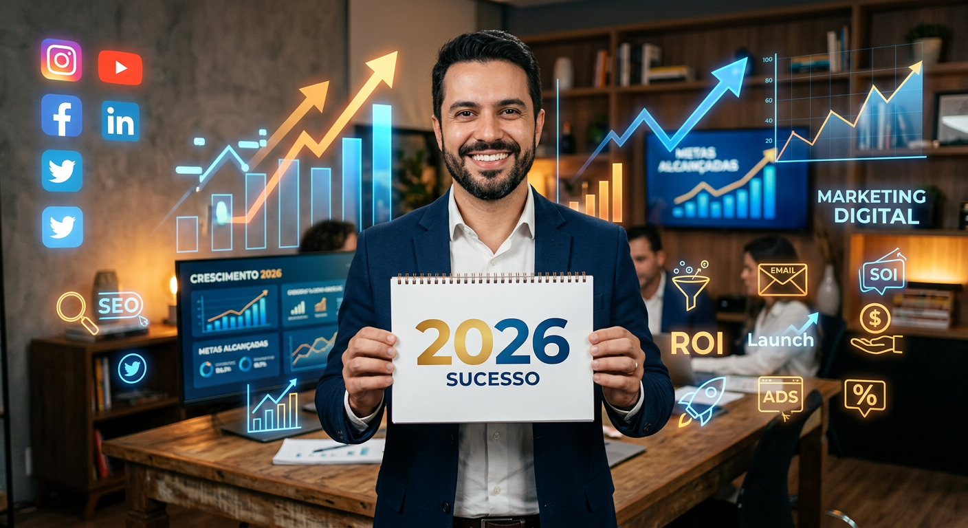 Victor Damásio com calendário de 2026 e gráficos de crescimento