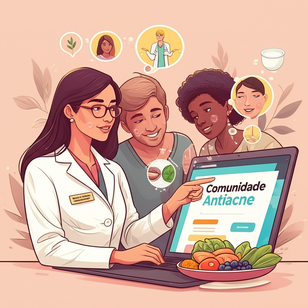 Ilustração de comunidade online de acne com nutricionista, alimentos saudáveis e jovens participantes discutindo controle da acne.