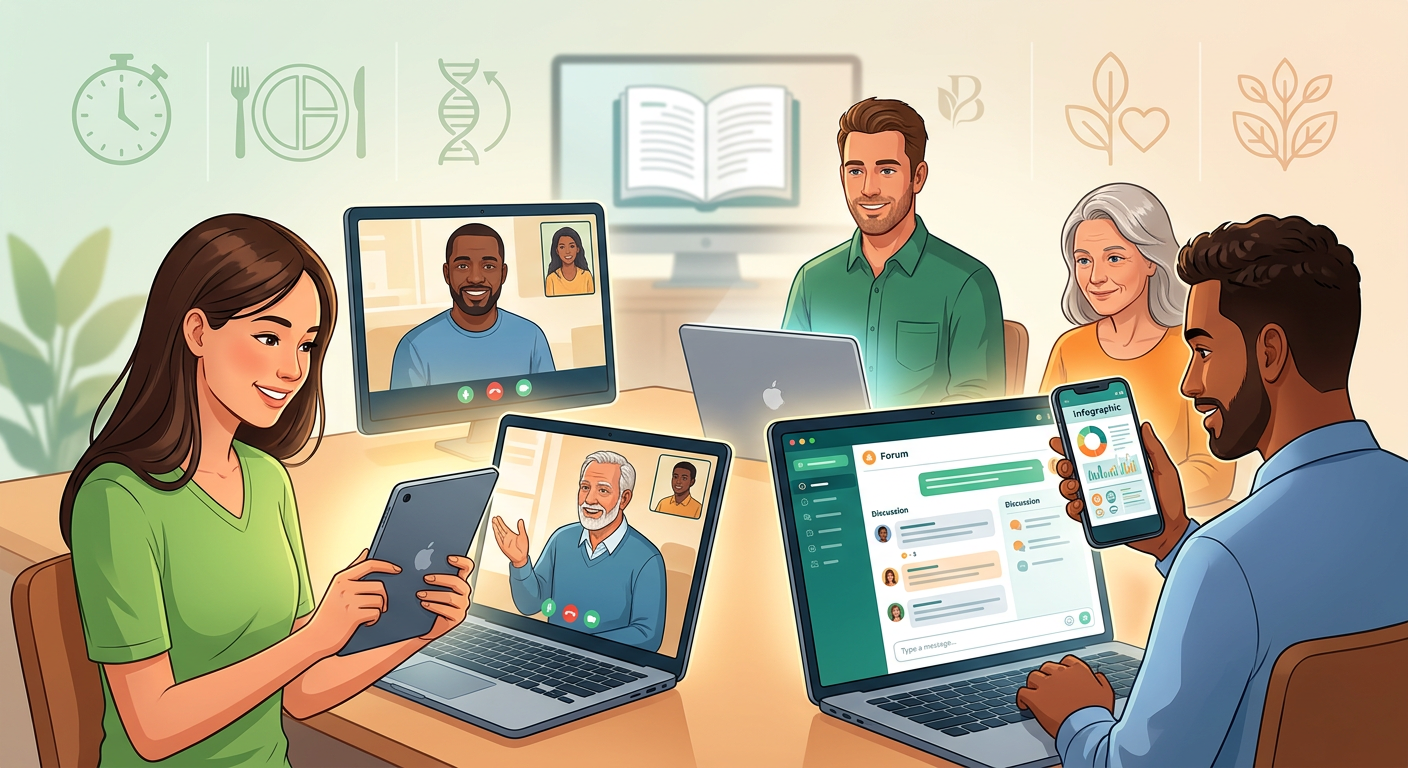 Pessoas diversas conectadas digitalmente em uma comunidade online de jejum intermitente, simbolizando apoio e educação para a saúde, associada ao Dr. Barakat.