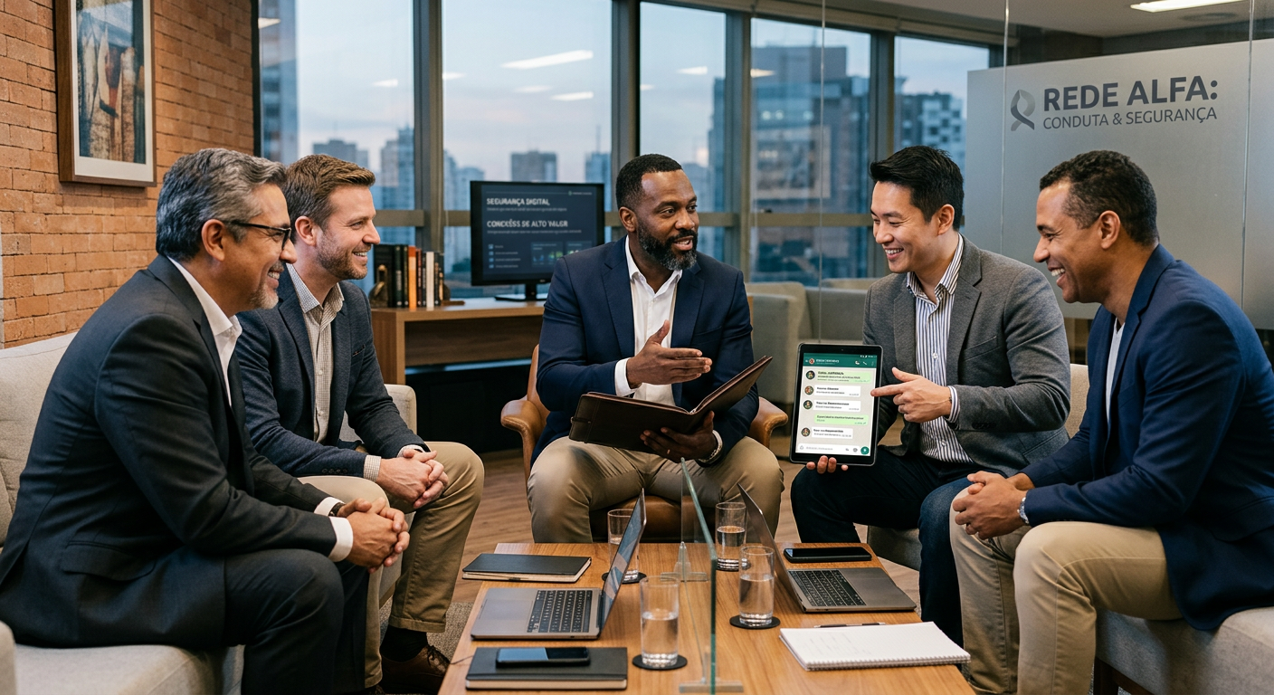 Homens maduros discutindo conduta e segurança em grupos de WhatsApp, simbolizando desenvolvimento pessoal e networking masculino.