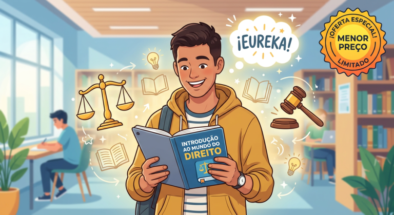 Estudante feliz e relaxado lendo um ebook sobre Direito, com símbolos jurídicos simplificados ao redor e um selo de cupom de desconto, representando a facilidade de aprendizado e a oferta.
