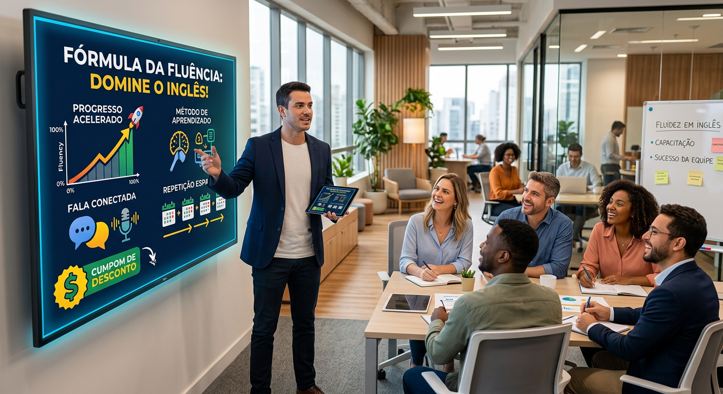 Líder de equipe apresentando o curso Fórmula da Fluência com cupom de desconto para funcionários em um ambiente corporativo moderno.