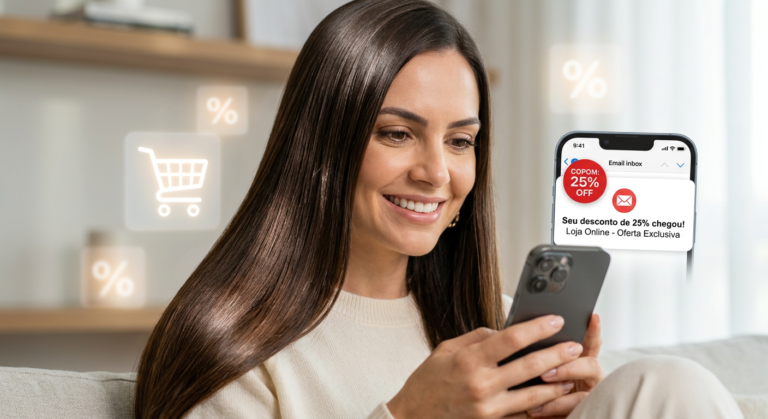 Mulher sorridente com cabelos longos, lisos, brilhantes e perfeitamente alinhados, olhando para a tela de um smartphone que exibe um cupom de desconto SMOOTH em seu e-mail, representando uma oferta de abandono de carrinho.