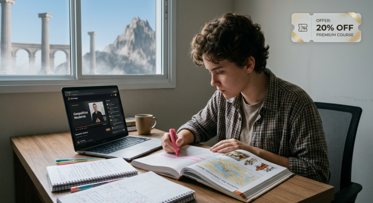 Estudante focado em aulas online do Extensivo PRO Terra Negra Monte Olimpo, com material didático físico e laptop, simbolizando sucesso em Humanas e Medicina via método sniper.