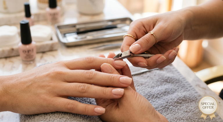 Manicure profissional utilizando alicate para realizar a técnica de cutilagem fundinha em unhas naturais perfeitamente esmaltadas. Representa o aprendizado no Curso de Cutilagem Faby Cardoso.