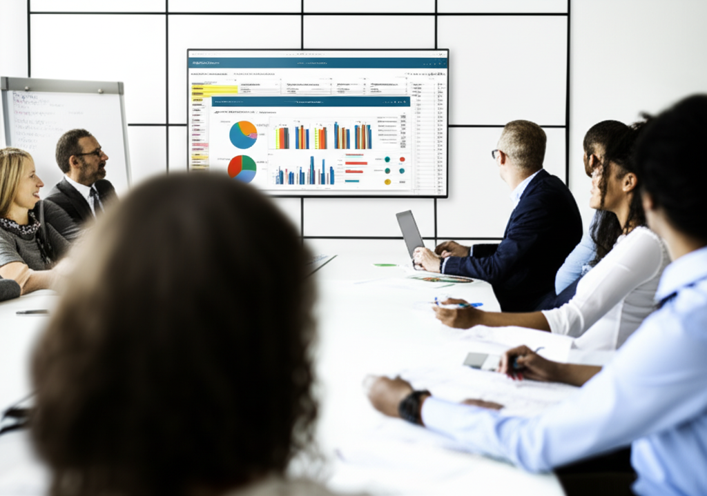 Profissionais em treinamento corporativo analisando dados com Excel e Power BI