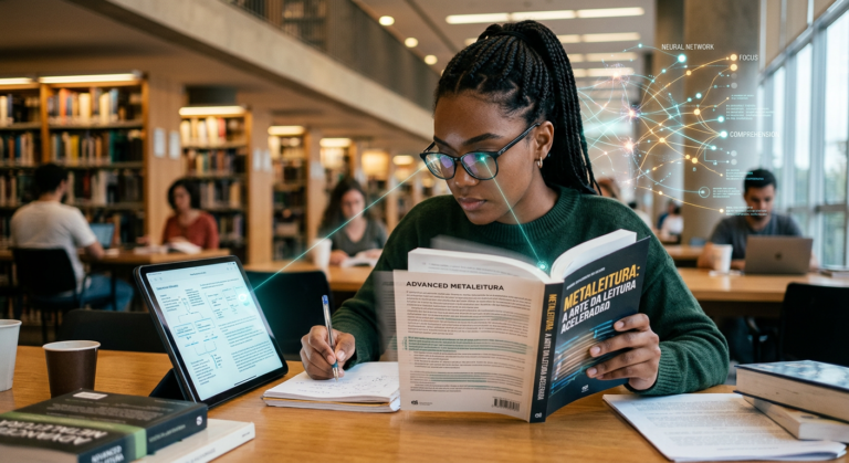 Pessoa lendo rapidamente um livro e um tablet, com símbolos de velocidade e foco, representando o Curso Leitura Dinâmica Metaleitura de Renato Alves.