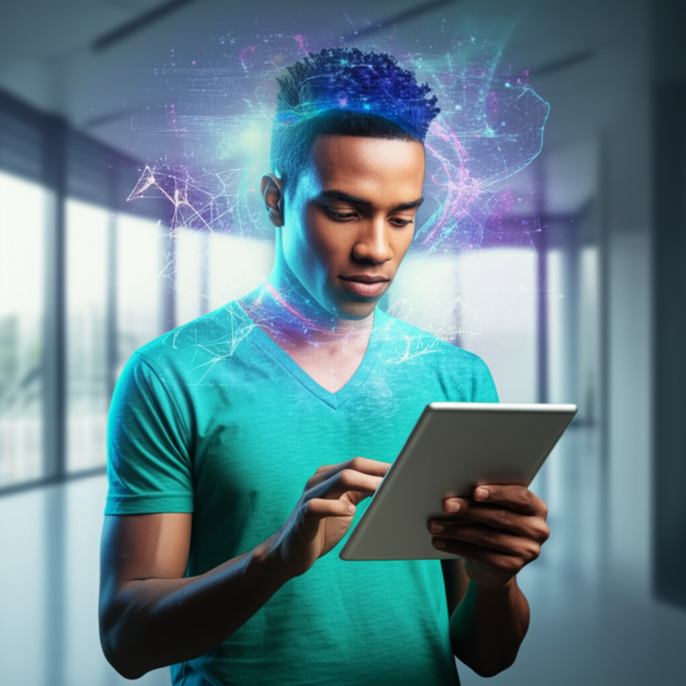 Pessoa lendo rapidamente um livro ou tablet, com sobreposições gráficas que simbolizam neurociência e processamento de informações. A imagem representa o Curso Leitura Dinâmica - Metaleitura de Renato Alves e a capacidade de acelerar a leitura e compreensão.