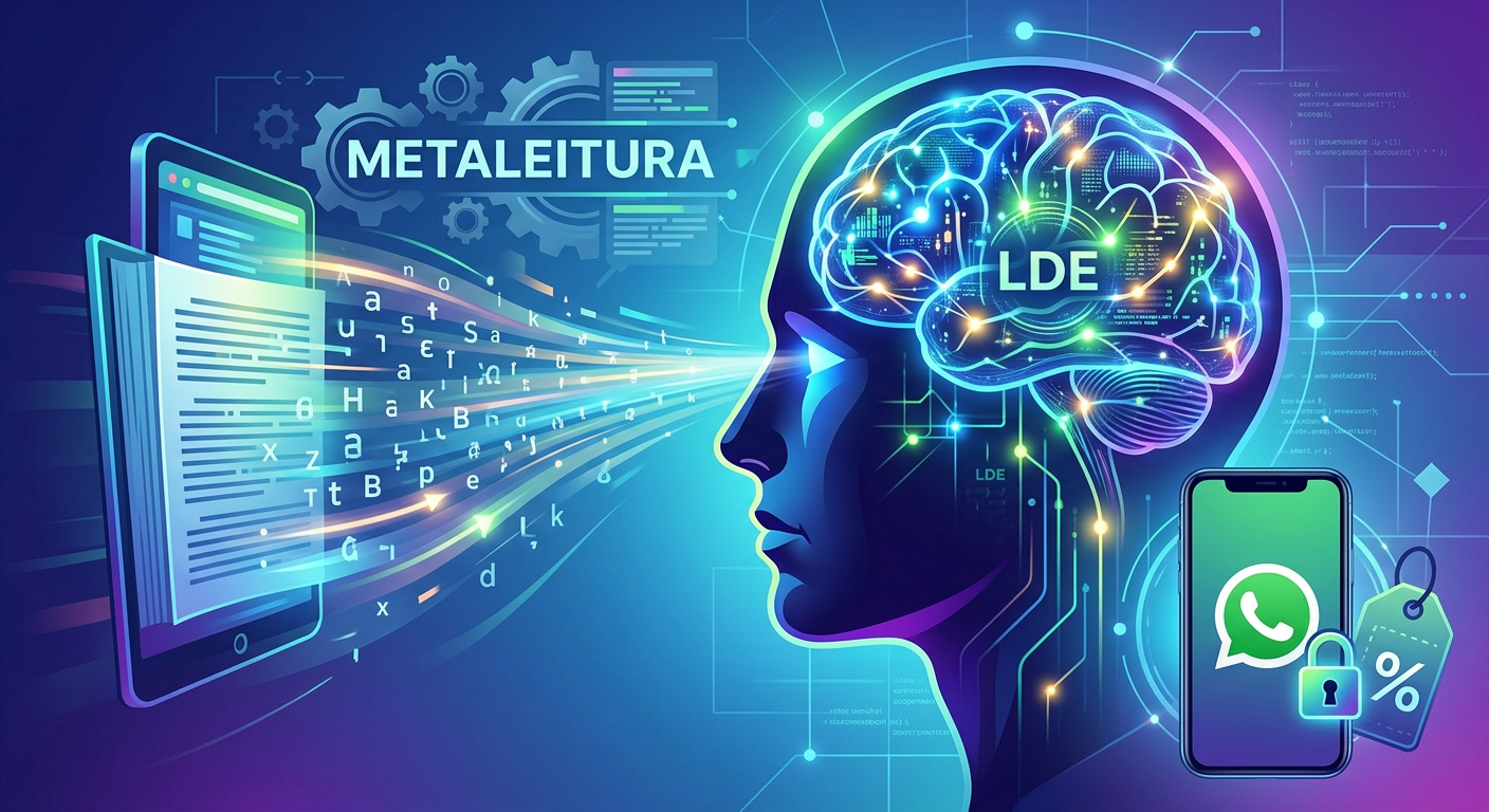 Pessoa lendo rapidamente com foco, símbolos de neurociência e ícone de cupom seguro via WhatsApp para o Curso Metaleitura.