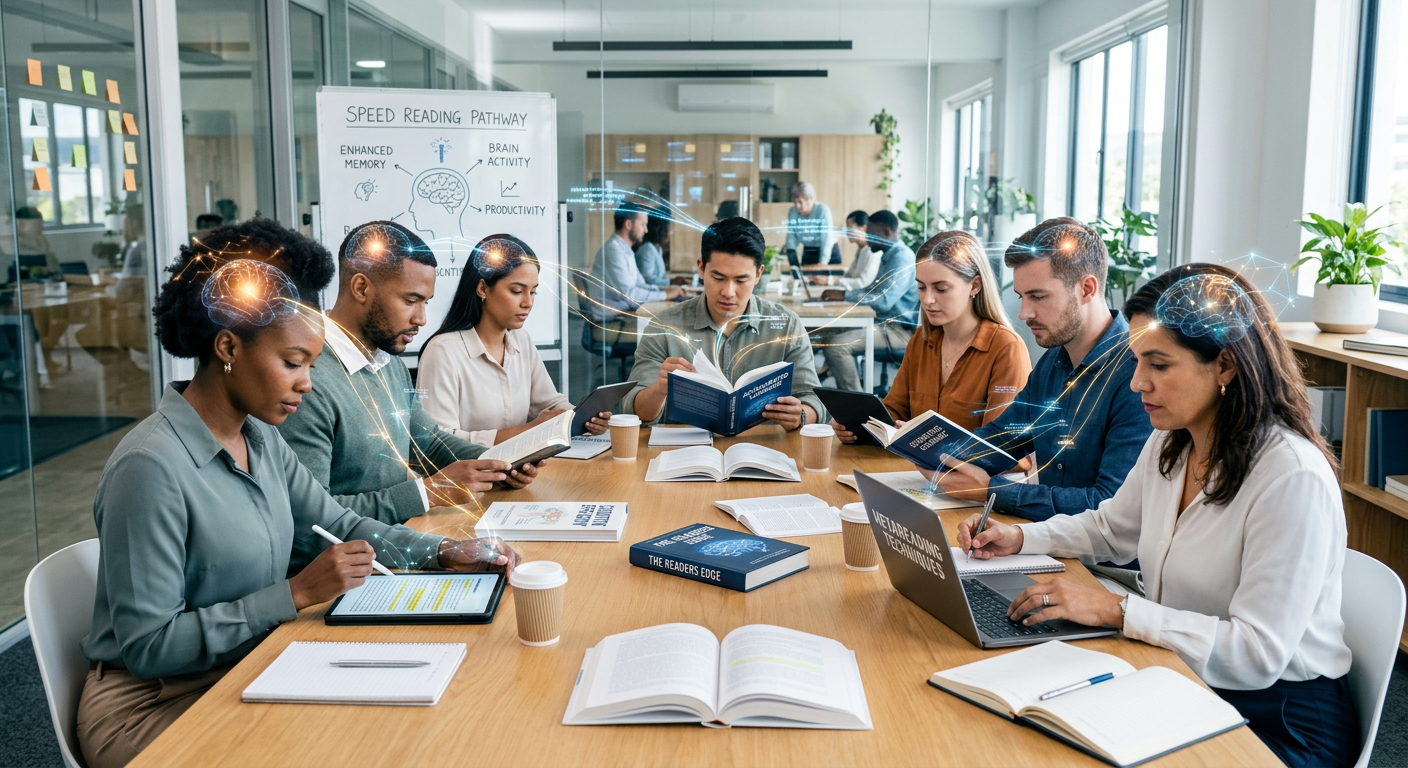 Time de profissionais aplicando técnicas de leitura dinâmica e metaleitura em ambiente corporativo para aumentar produtividade e retenção de conteúdo.