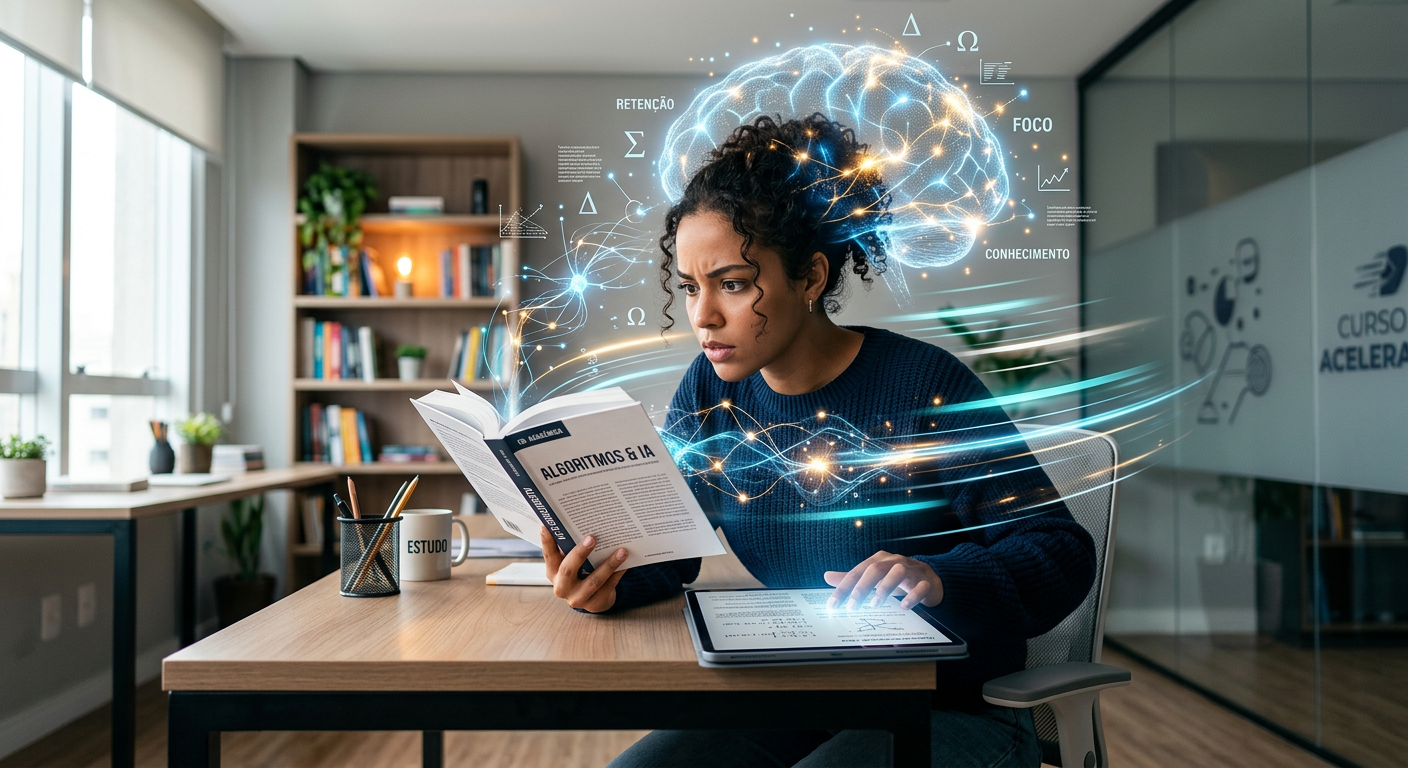 Pessoa concentrada utilizando técnicas de leitura dinâmica do Curso Metaleitura, com livros e dispositivos digitais e elementos gráficos de aprendizagem acelerada e memorização.