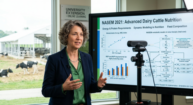 Especialista em nutrição animal explicando o relatório NASEM 2021 em um curso online, com gráficos científicos na tela e fundo de fazenda leiteira moderna.