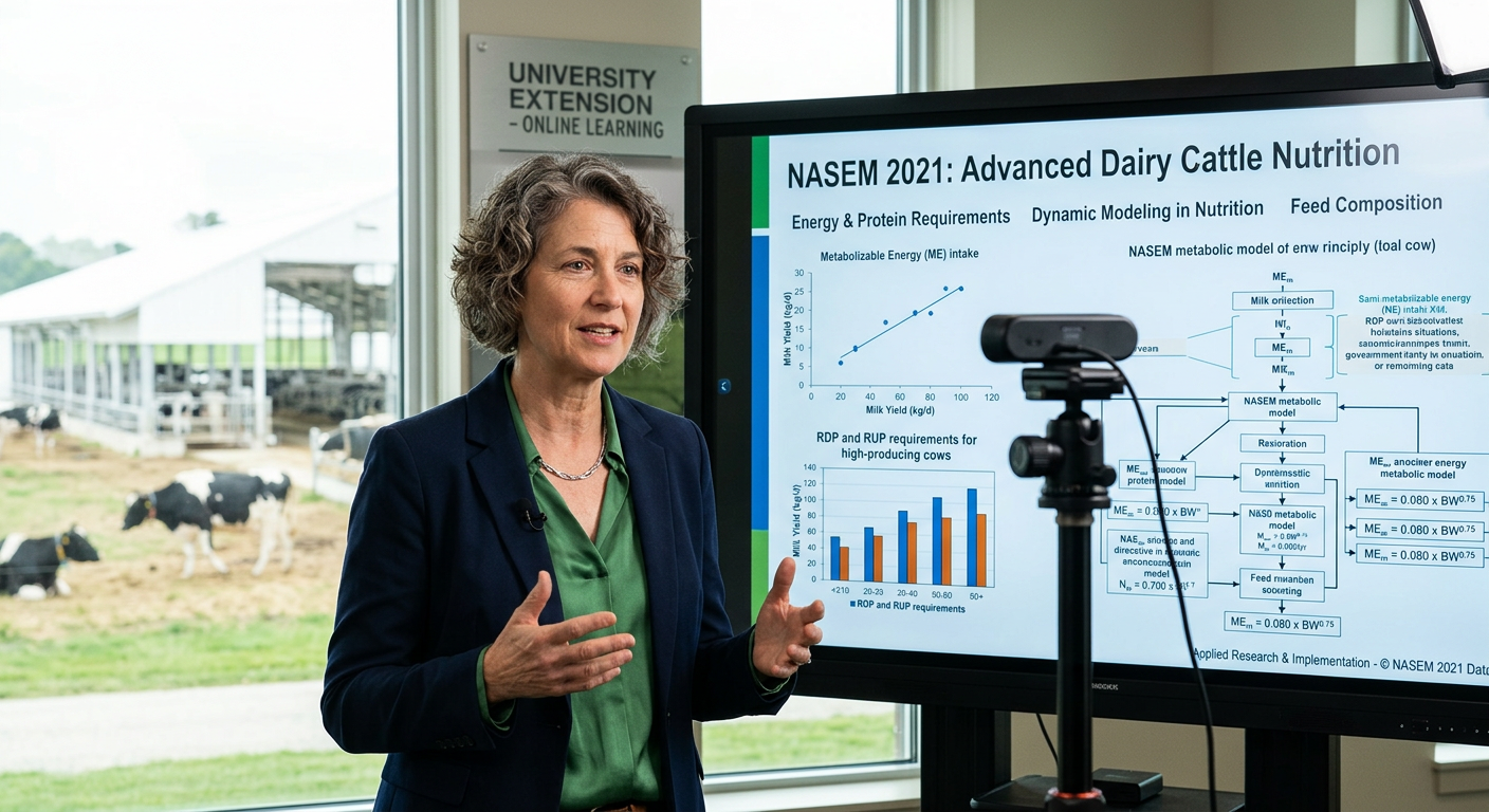 Especialista em nutrição animal explicando o relatório NASEM 2021 em um curso online, com gráficos científicos na tela e fundo de fazenda leiteira moderna.