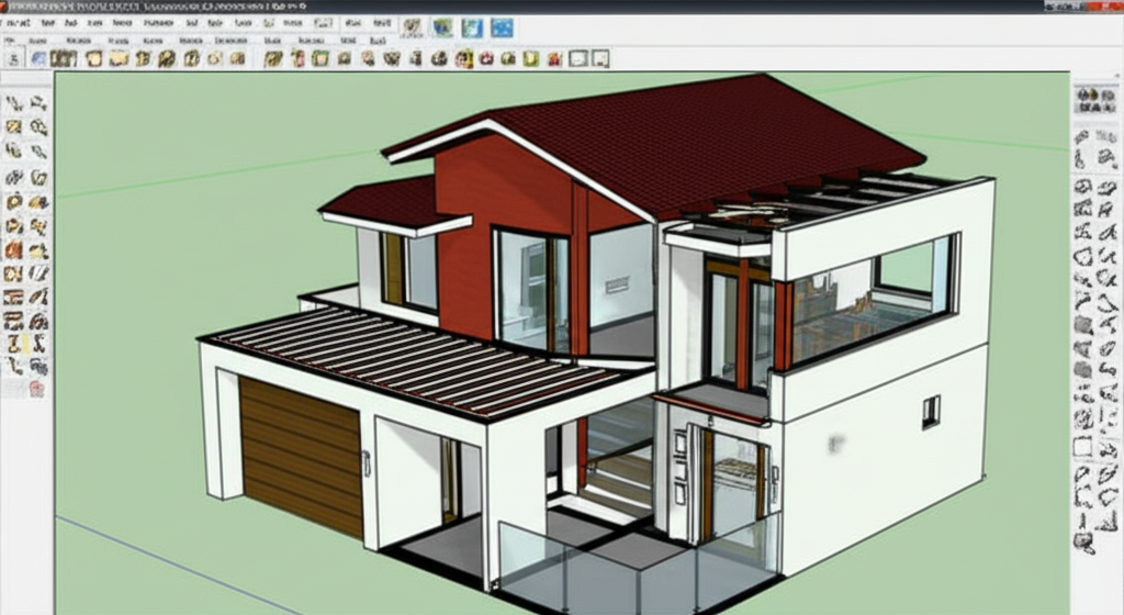 Render 3D de casa moderna projetada no SketchUp, exibindo interior e exterior com detalhes arquitetônicos e a interface do software.