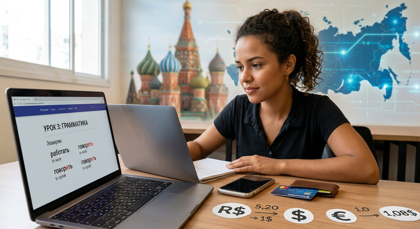 Pessoa focada em laptop com lições de russo, símbolos de pagamento internacional (cartão, moedas) e fundo que remete à Rússia, ilustrando o Curso Vem a Mim Língua Russa e suas implicações cambiais.