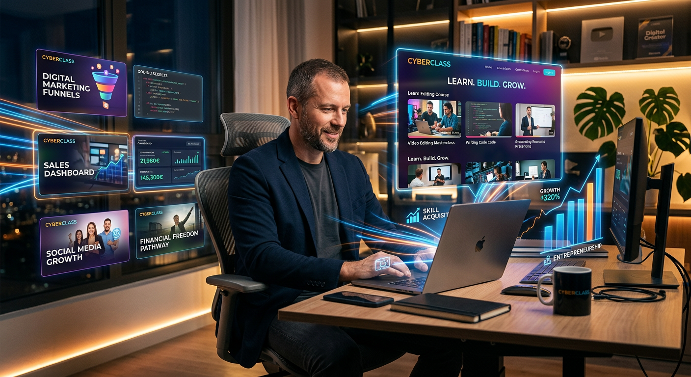 Peter Jordan interagindo com a plataforma CyberClass, rodeado por telas mostrando cursos de marketing digital, edição de vídeo e programação, simbolizando aprendizado e monetização.