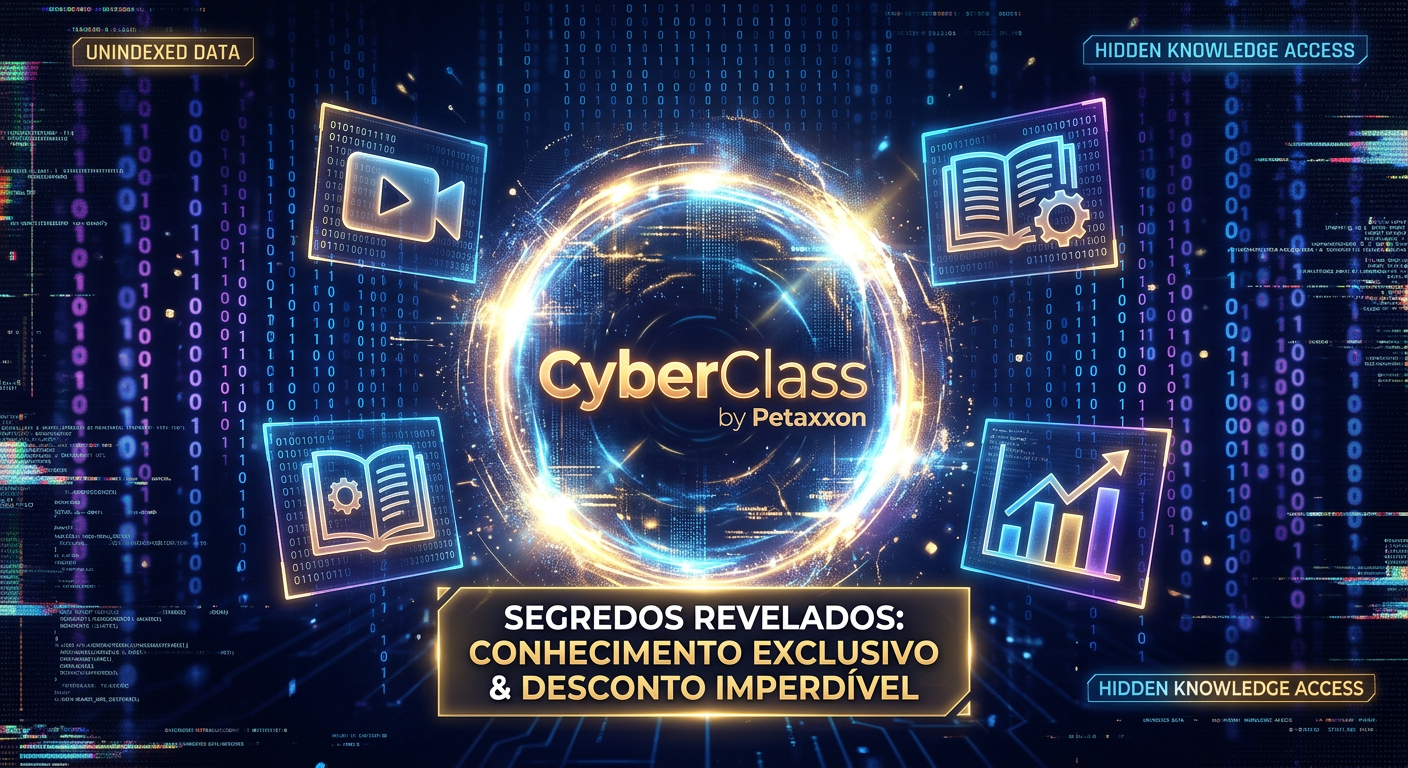 Interface digital futurista CyberClass com logo Petaxxon e ícones de cursos, simbolizando acesso exclusivo a um desconto não indexado.