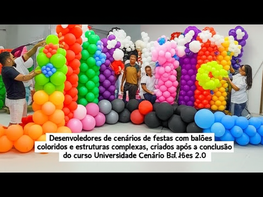 Foto de um cenário de festa com balões decorativos e estruturas de ferro